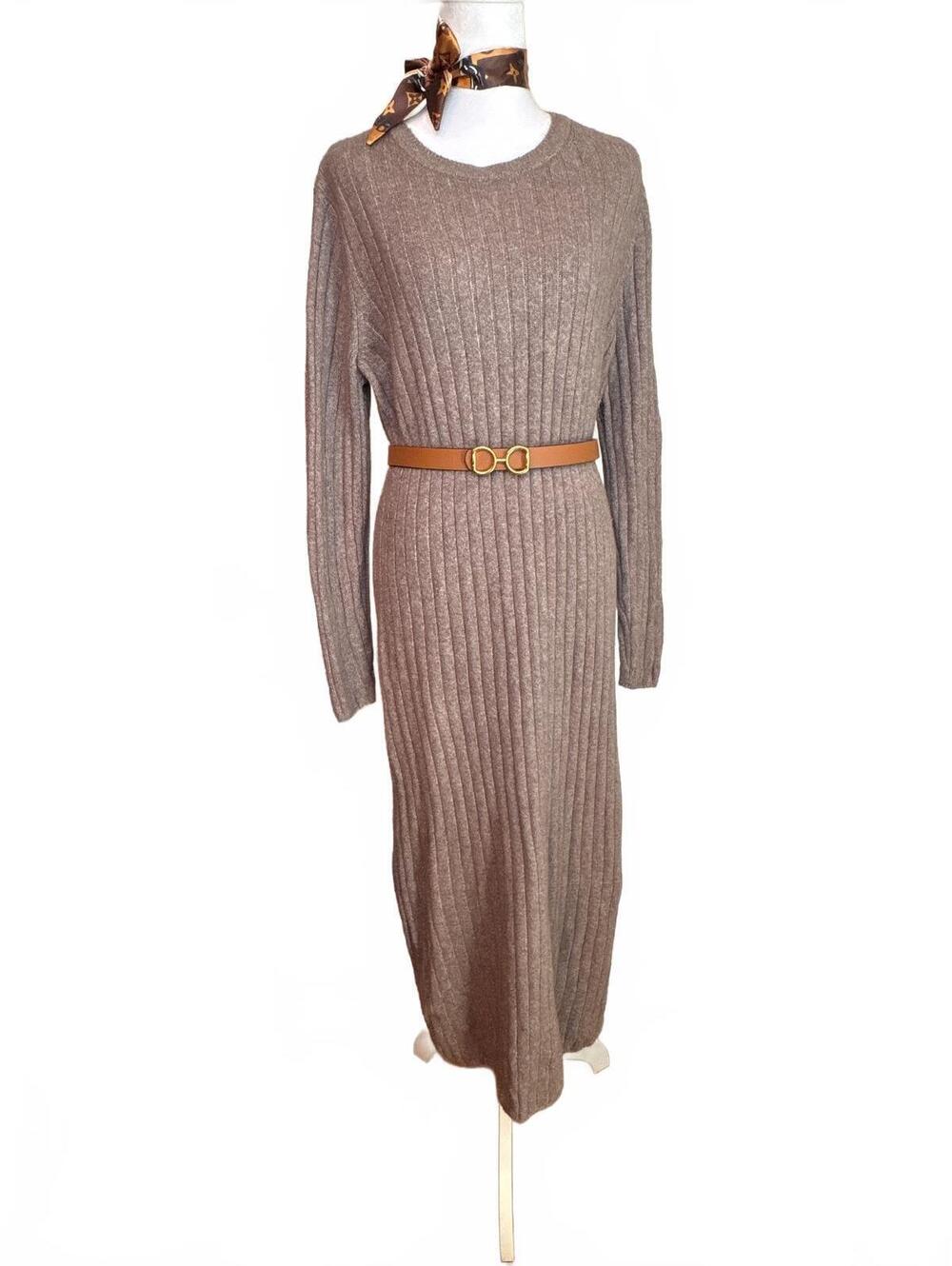 Dark Taupe Ribbed Sweater Dress with Belt L